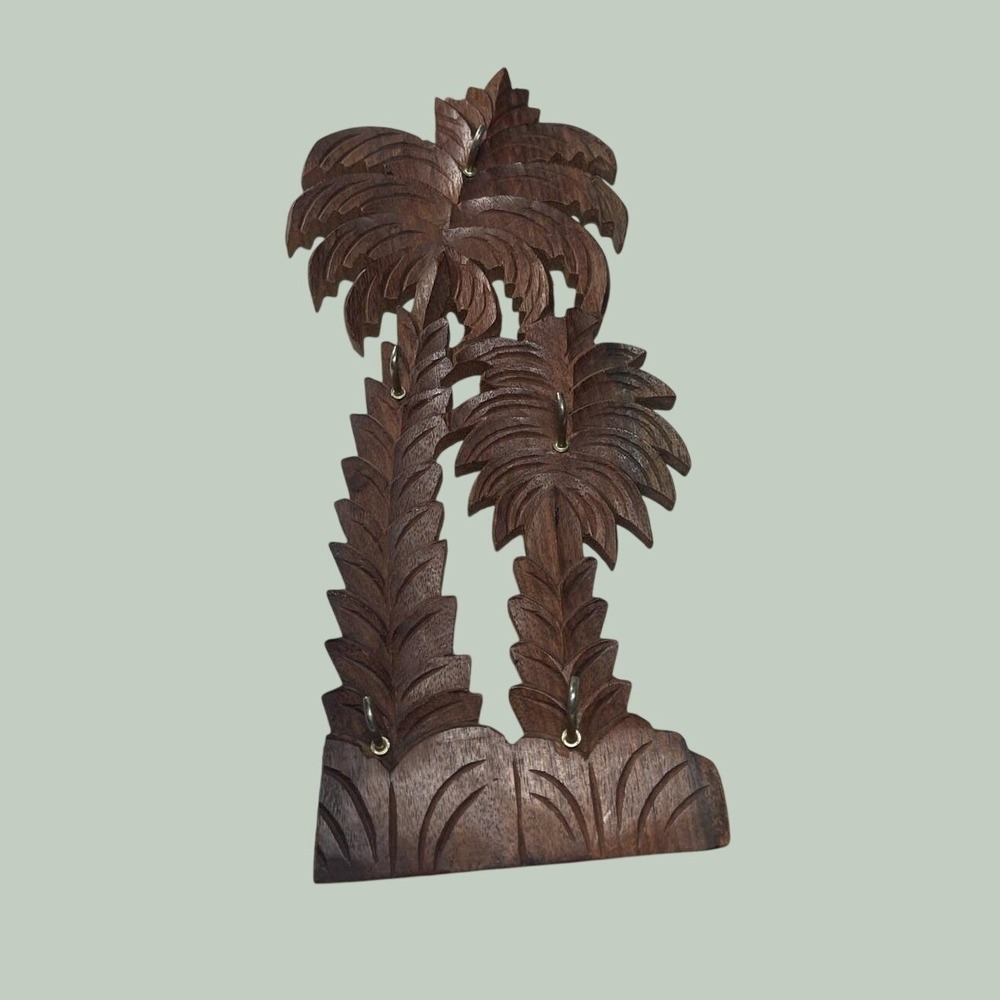 Wood Carved Palm Tree Groupingโ Key Holder Wall Mount Decorative 5 Key Placement
